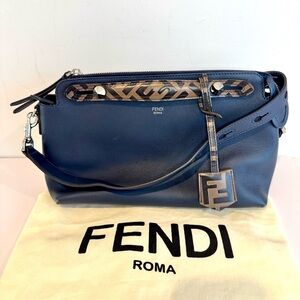Fendi By The Way Medium Blue Leather Bag W Fendi Logo Accent & Adjustable Strap